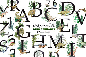 Watercolor Dinosaur Alphabet PNG