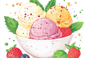Fresh fruit, scoops of colorful crea, a Food & Drink Photo by Pixeness Studio
