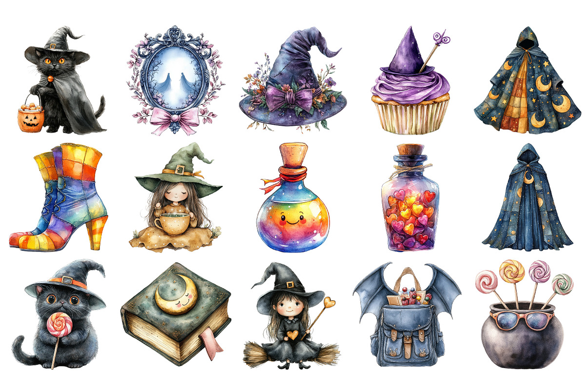 Playful Witch Clipart PNG Set, an Illustration by Craft Nest (Photo 2 of 4)