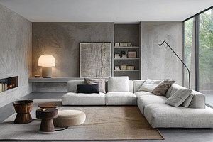 Sleek white living space with orange, a Photo by LOGOCREATIVE