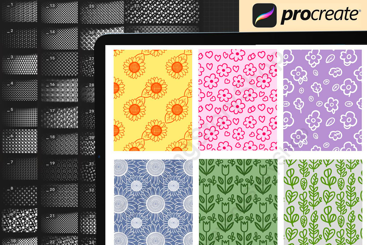 100 Flower Patterns Procreate brushe, a Brush Add-On by DrawingStoryShop