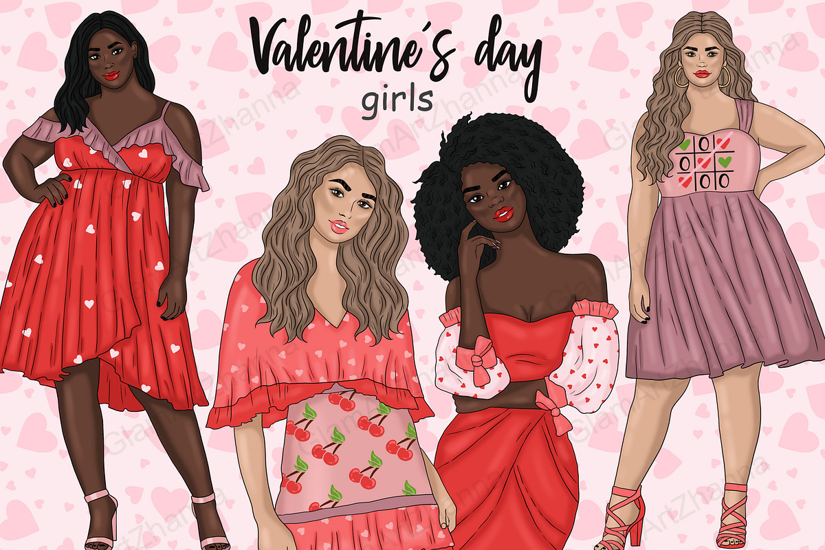 Valentine's Day Girls Clipart, a Seasonal Illustration by GlamArtZhanna (Photo 1 of 5)