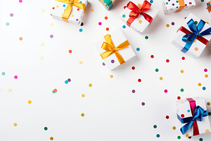 Colorful gift boxes with confetti on white background, a Holiday Photo by AlyaAnd