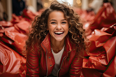 Joyous girl against a shopping bag b, a Photo by SaroStock