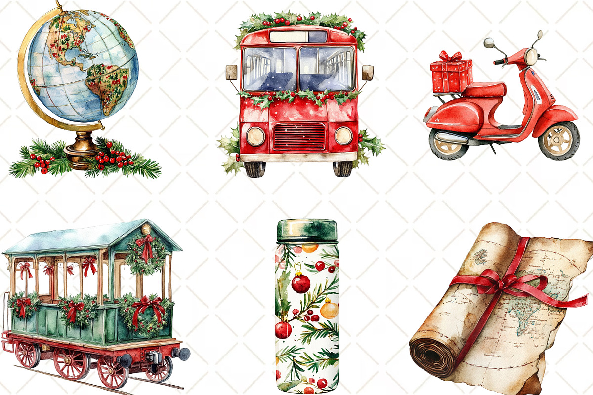 Christmas Travel Watercolour Clipart, an Illustration by Black Bird Studio (Photo 2 of 6)