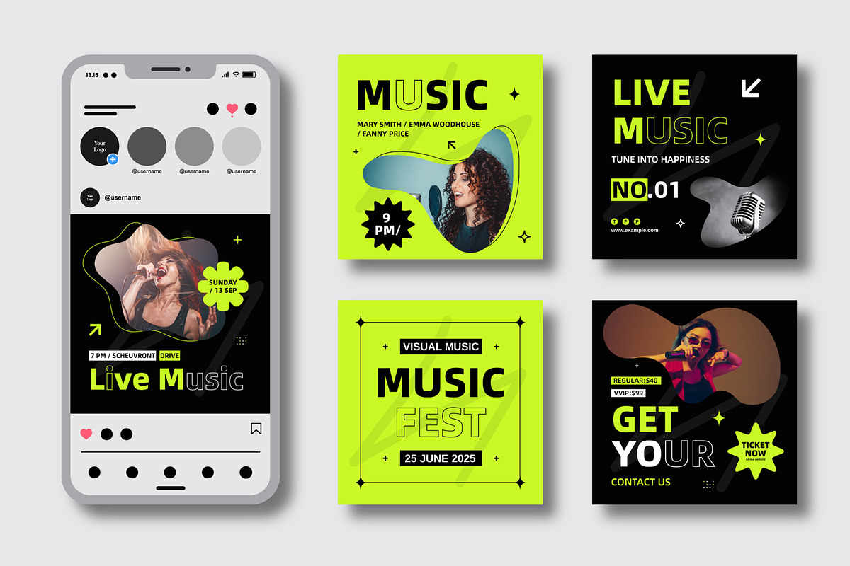 Music Social Media Posts and Stories, a Social Media Template by MightyDesign (Photo 1 of 6)