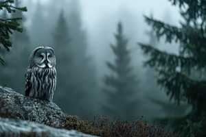 Majestic Grey Owl in Misty Forest Wi, a Photo by Pixeness Studio
