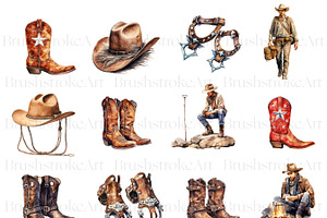 Watercolor Cowboy Clipart, Hat, Boot