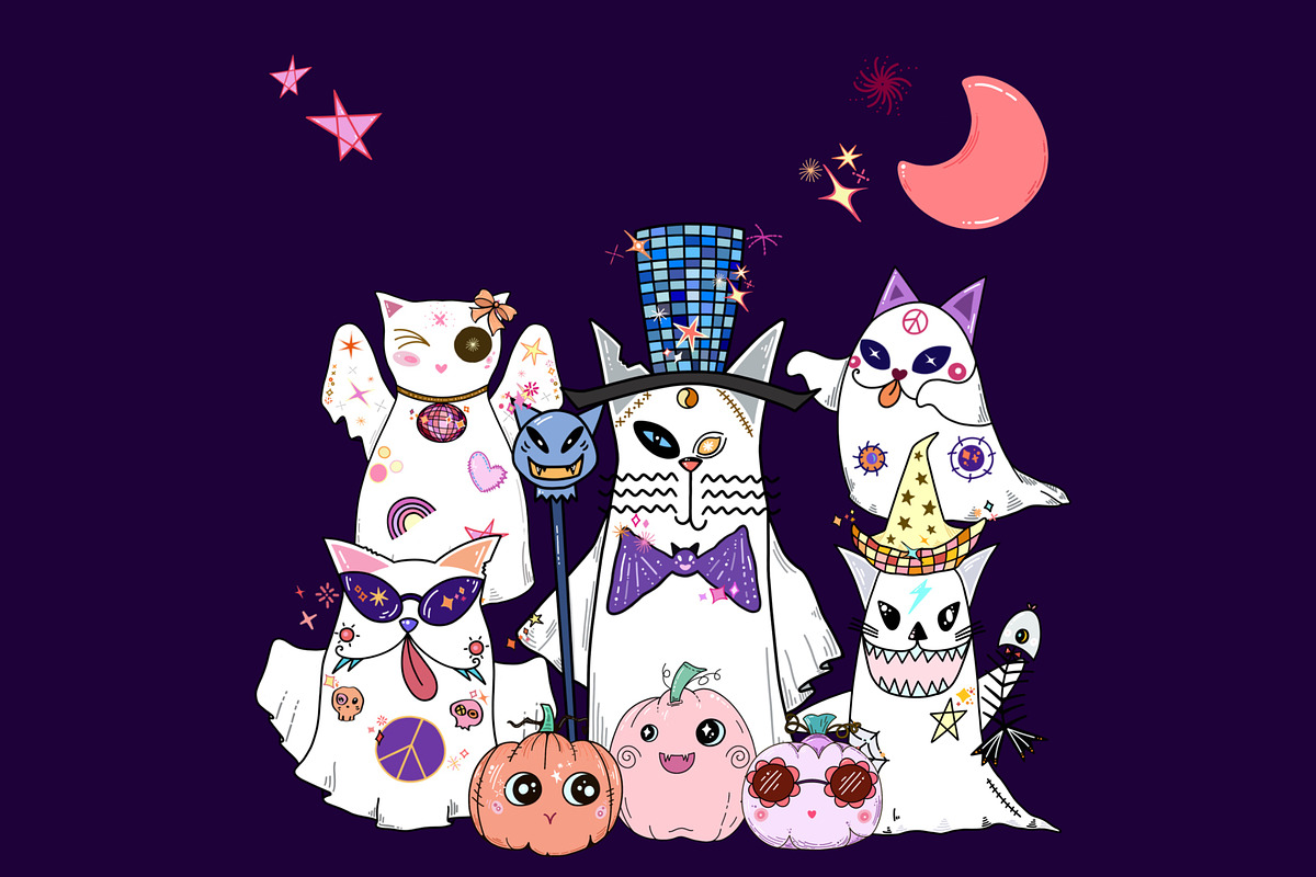 Retro Groovy Cat Ghost, Halloween, a Seasonal Illustration by Sense Library (Photo 7 of 9)