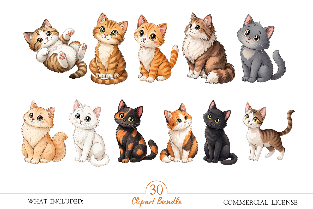 Cute Cats Clipart Watercolor PNG, an Object Illustration by MockupWizard (Photo 3 of 5)