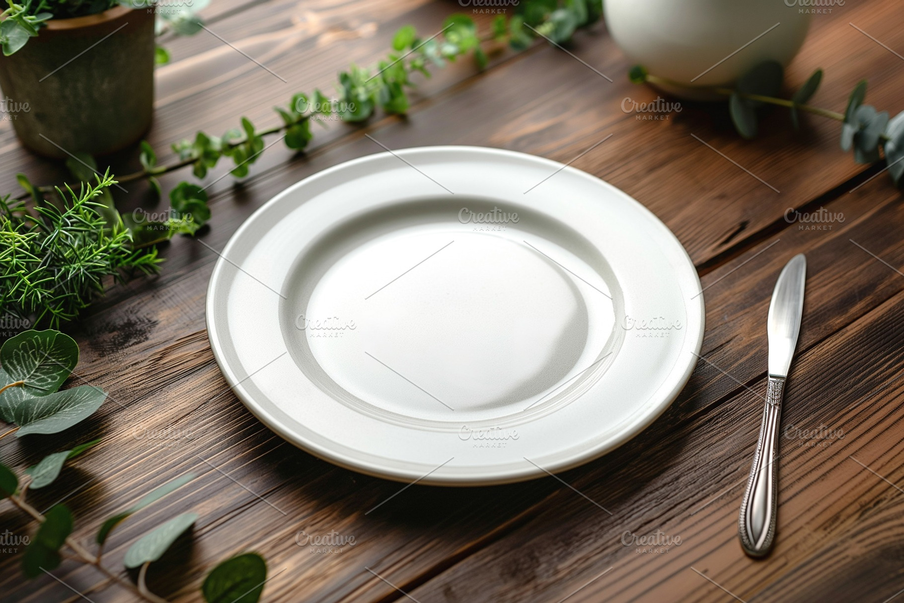 A pristine white plate on a rustic wooden table surrounded by greenery., a Business Photo by ImageMir