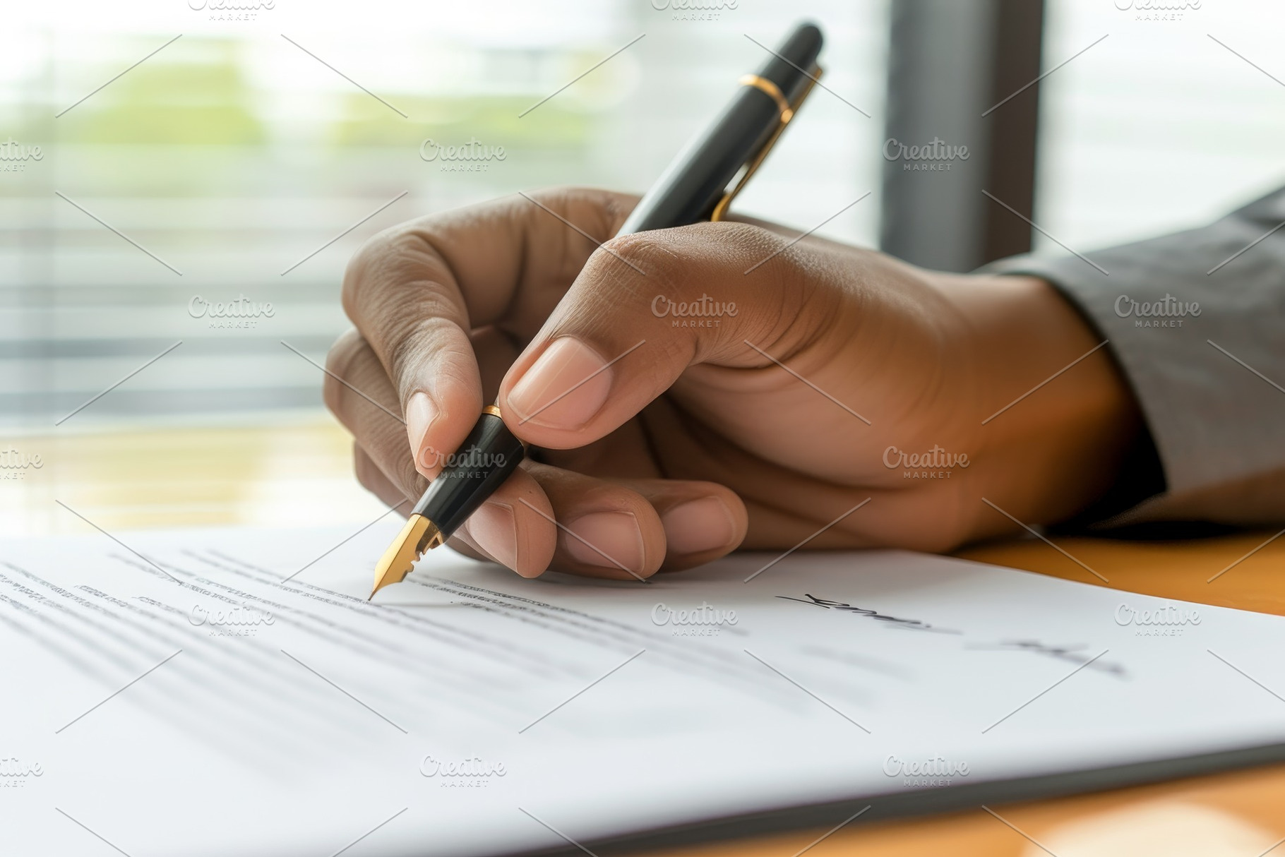 A hand poised above a document, usin, a Photo by Tanuart