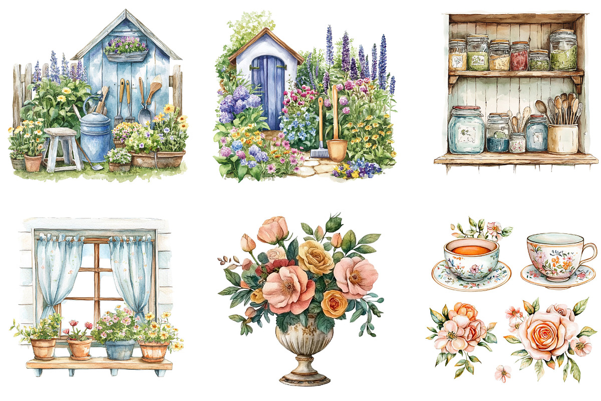 Watercolor Vintage Cottage Life Item, an Illustration by Designking (Photo 5 of 5)