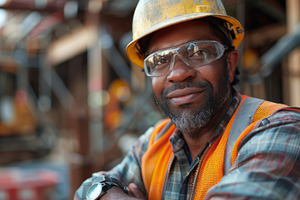 Confident Indian Construction Site Manager at Work with Heavy Machinery in Back, a Photo by AS photostudio