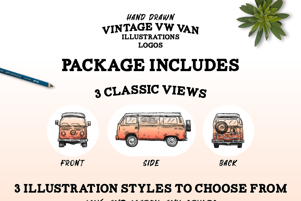 Hand Drawn Vintage VW Van Package, an Illustration by Walking_Designs (Photo 2 of 3)