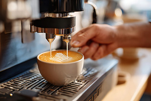 Creating intricate latte art at a cozy cafe during a sunny afternoon, a Food & Drink Photo by AlyaAnd
