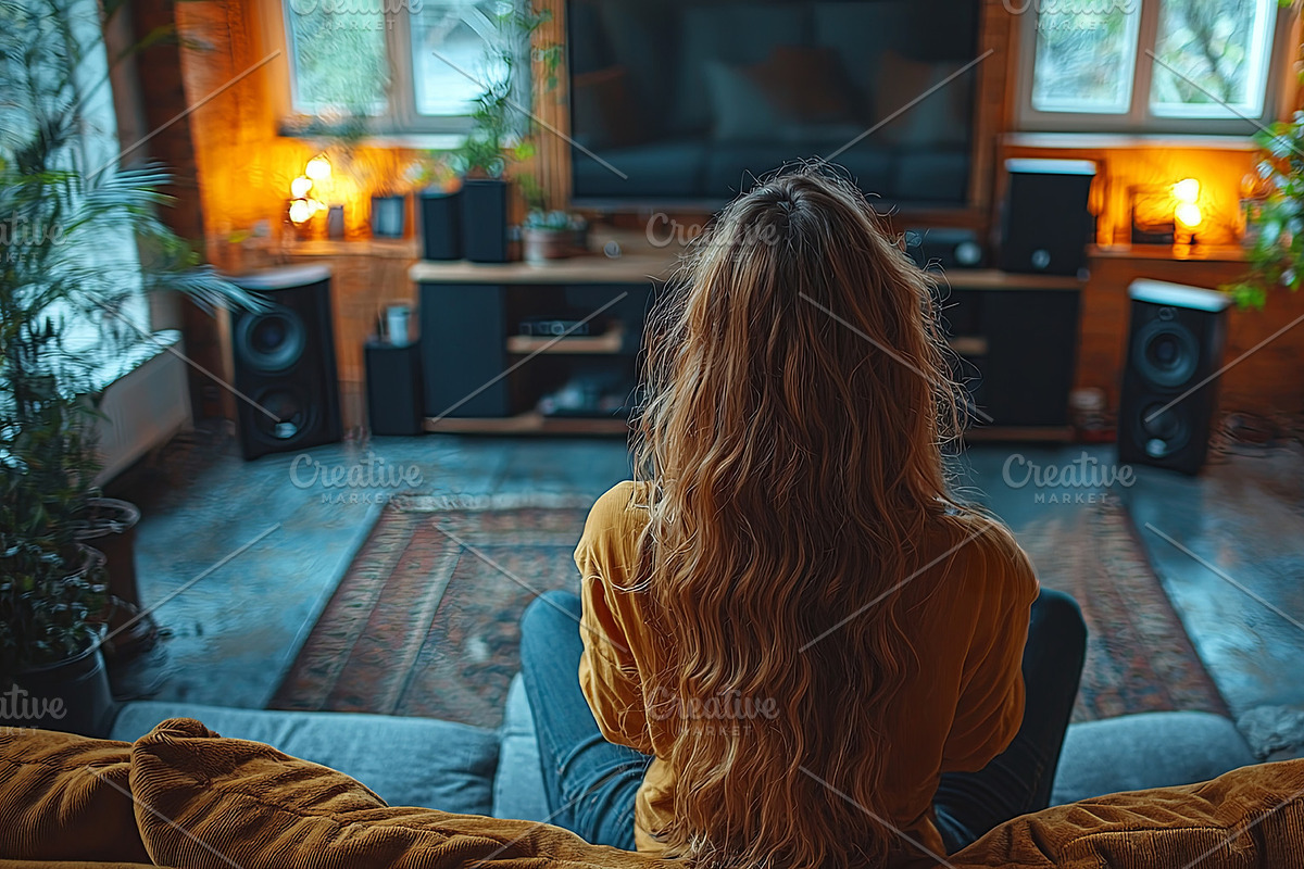 Young woman sitting in a cozy apartment with modern decor and warm lighting, an Illustration by AS photostudio