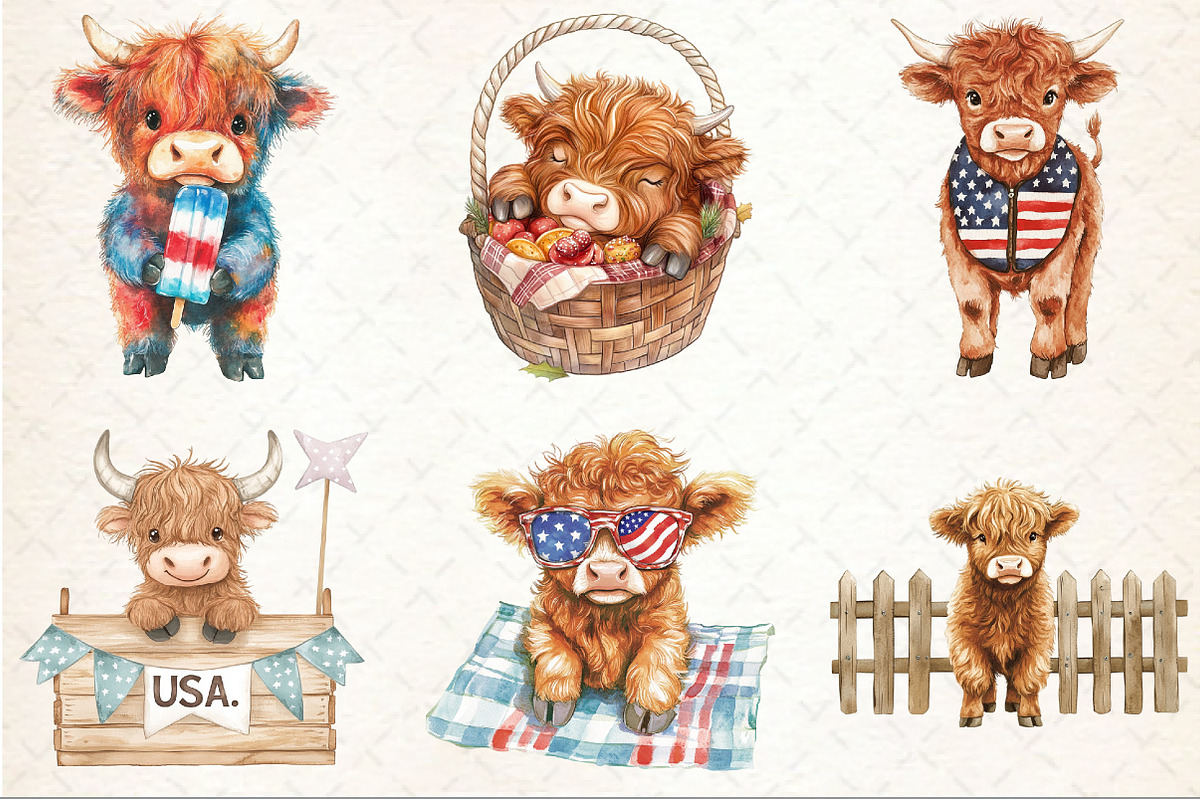 4Th of July Cute Highland Cow Clipar, a Seasonal Illustration by Rose Art (Photo 3 of 4)