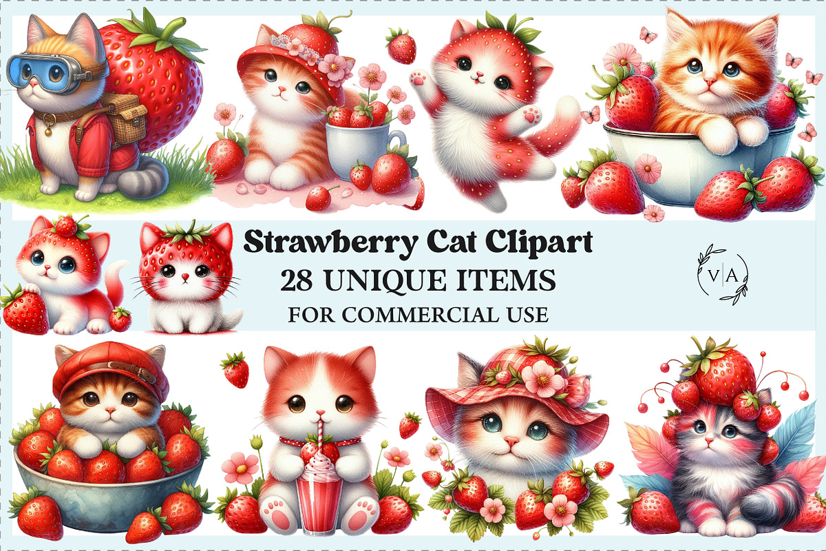 Strawberry Cat Clipart Sublimation, an Illustration by Craft Nest (Photo 1 of 5)