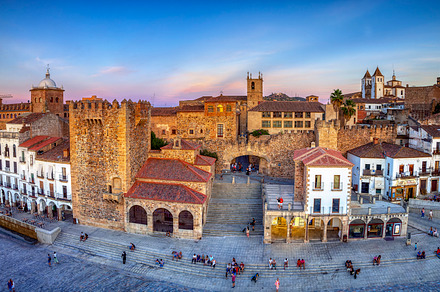 Plaza Mayor of Caceres at sunset, overhead view., an Architecture Photo by CreativePhotoSpain