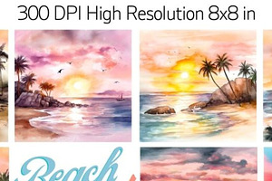 Watercolor Beach Sunsets Digital