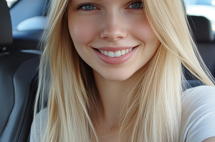 A young woman with long blonde hair and blue eyes smiling in a car. She is wear, a Person Photo by Textures & Backgrounds