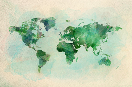 Watercolor vintage world map in gree, an Arts & Entertainment Photo by Photocreo Michal Bednarek