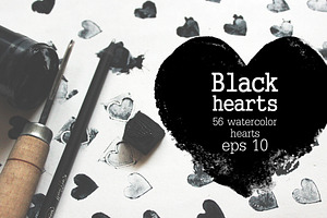 Set Of Black Watercolor Hearts