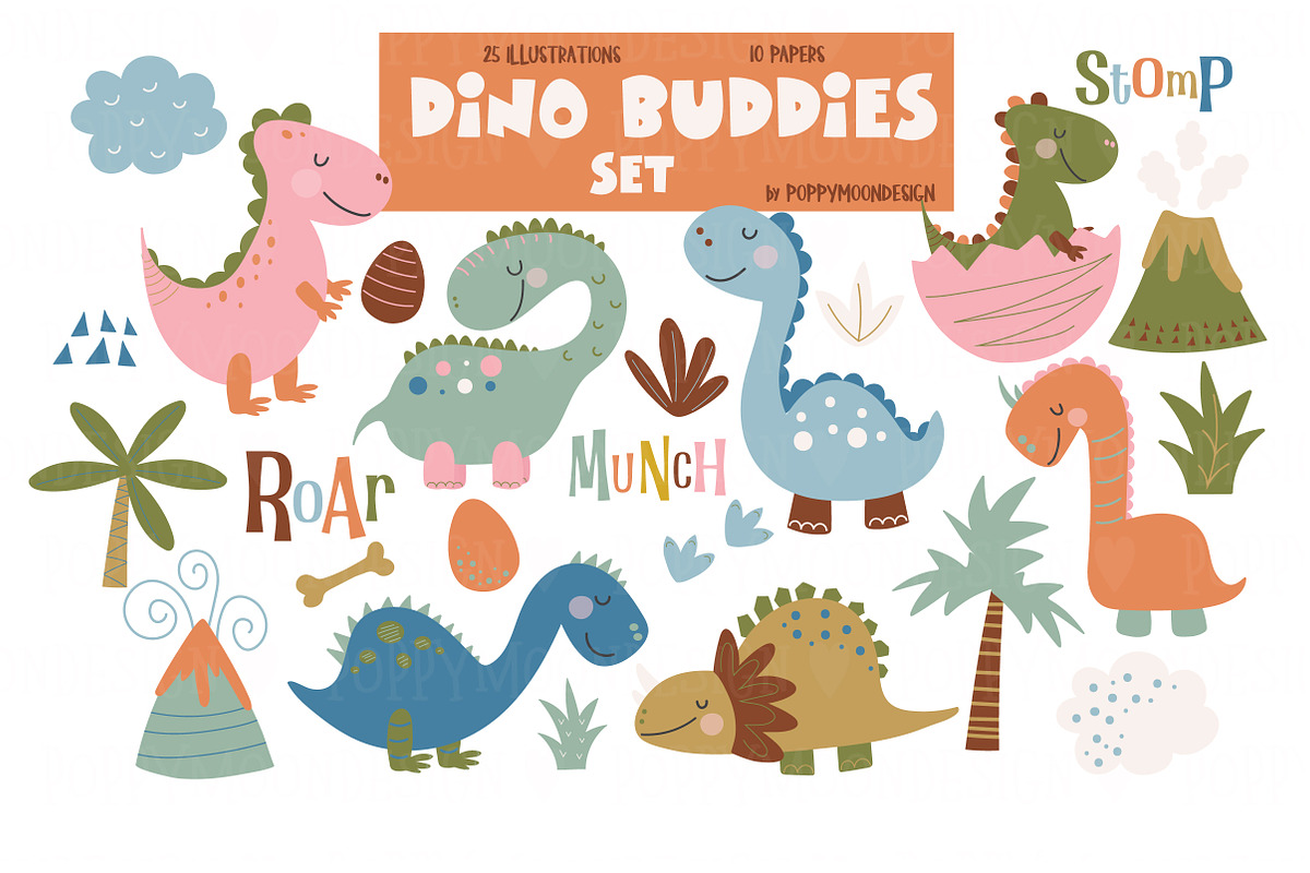Dino Buddies clipart & paper set, an Animal Illustration by Poppymoondesign (Photo 1 of 5)