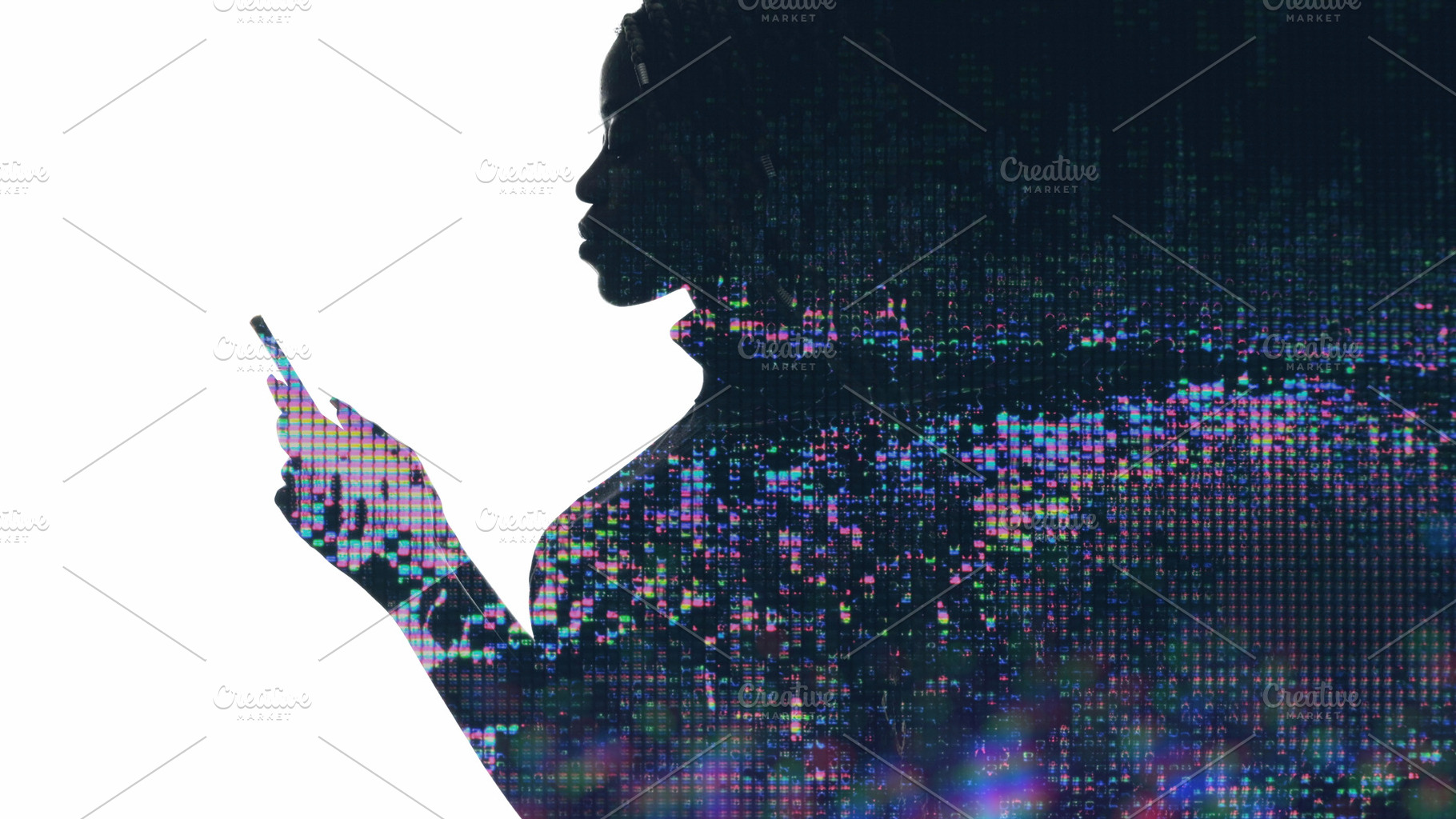 Digital communication neon glitch silhouette phone, a Person Photo by Photo Drive Studio