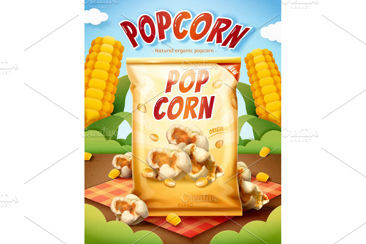 3d natural and organic popcorn ad | Creative Market