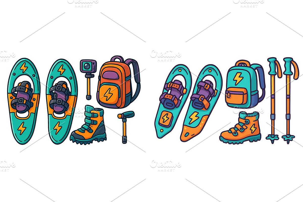 Snowshoeing gear collection for, an Illustration by ZinetroN