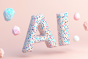 AI text with colorful geometric shapes on pale pink background, a Photo by Dvoevnore photos