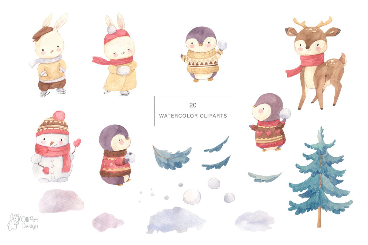 WINTER ANIMALS clipart. Watercolor, an Animal Illustration by OlliArtDesign (Photo 2 of 5)