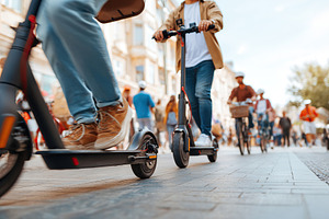 People riding electric scooters on a busy street during a sunny day in an urban, a Photo by AlyaAnd