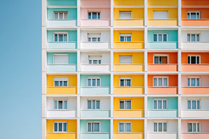 Colorful apartment building facade with pastel hues, an Architecture Photo by AlyaAnd