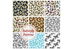 Butterflies And Moth Seamless Patterns Set