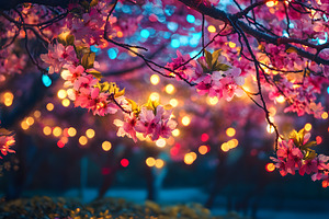 Cherry blossoms with glowing lights, a Nature Photo by Photostock