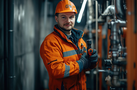 A confident locksmith male worker in an orange safety jacket and helmet, holdin, a Person Photo by Textures & Backgrounds