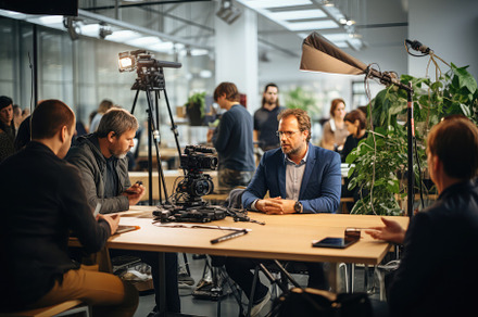 group of people brainstorming in a c, a Photo by SaroStock