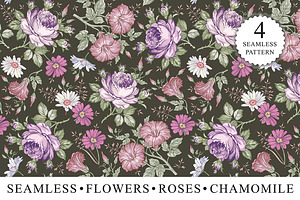 Set Seamless Flowers Roses Chamomile