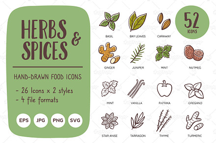 Herbs & Spices Hand-drawn Food Icons, an Icon by insemar