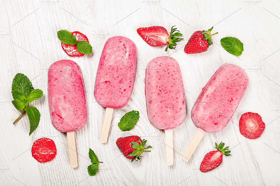 Strawberry Popslice Icecream On Light Background Featuring Background Berry
