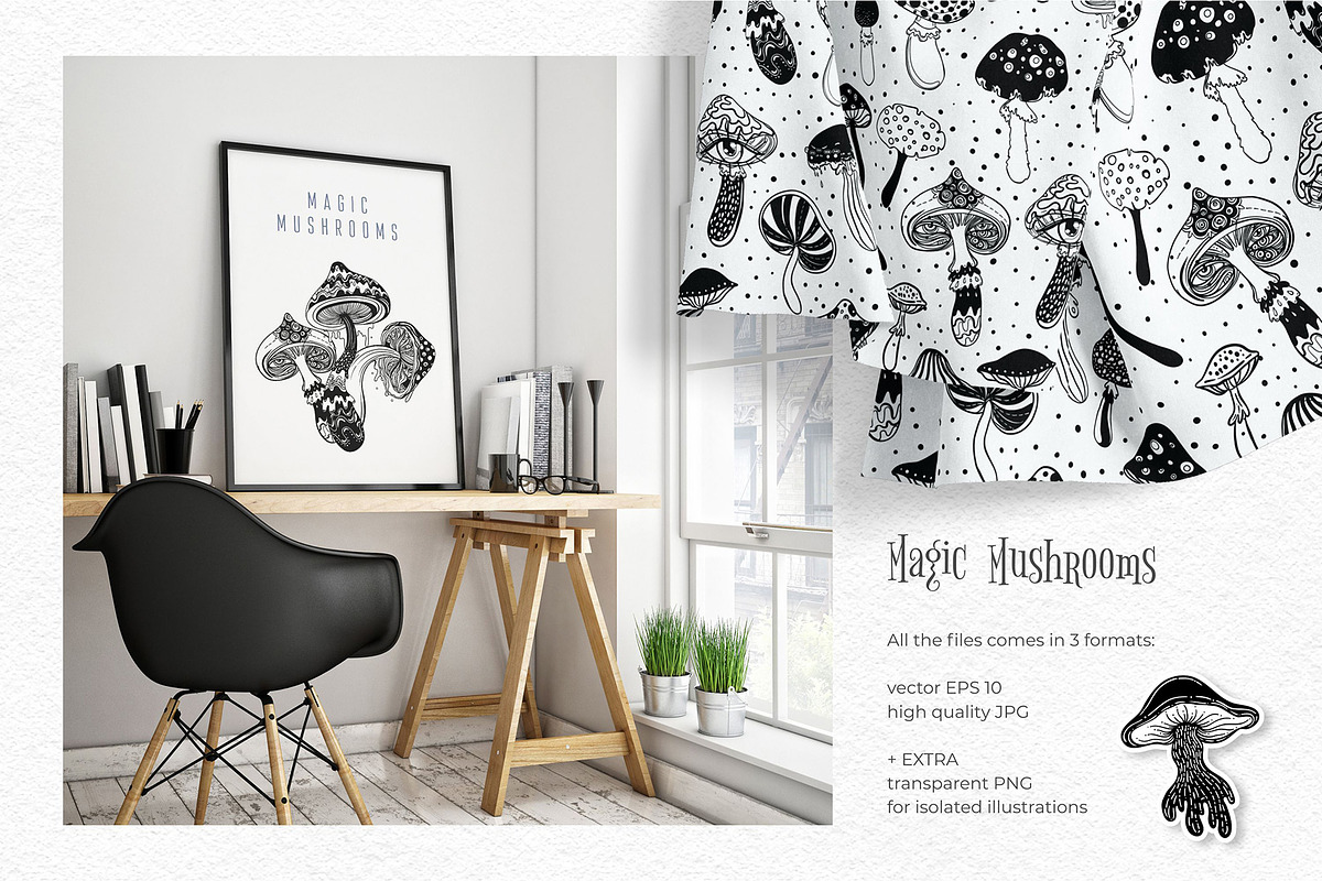 Magic MUSHROOMS. 60 BW Vector Set., an Illustration by Varvara Gorbash (Photo 6 of 11)