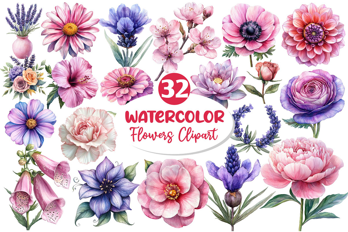 Lavender & Pink Flowers Clipart, an Illustration by Dream Creation (Photo 1 of 4)