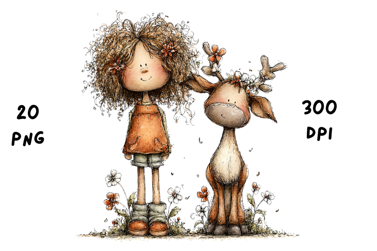 Whimsical Floral Girl & Deer Clipart, an Animal Illustration by GiraffeCreative (Photo 16 of 20)