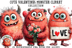 Cute Valentines Monster Clipart, an Illustration by OK Design