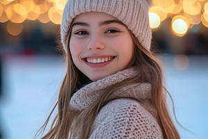 Woman enjoying ice skating with a smile at a winter rink decorated with lights, a Person Photo by AlyaAnd