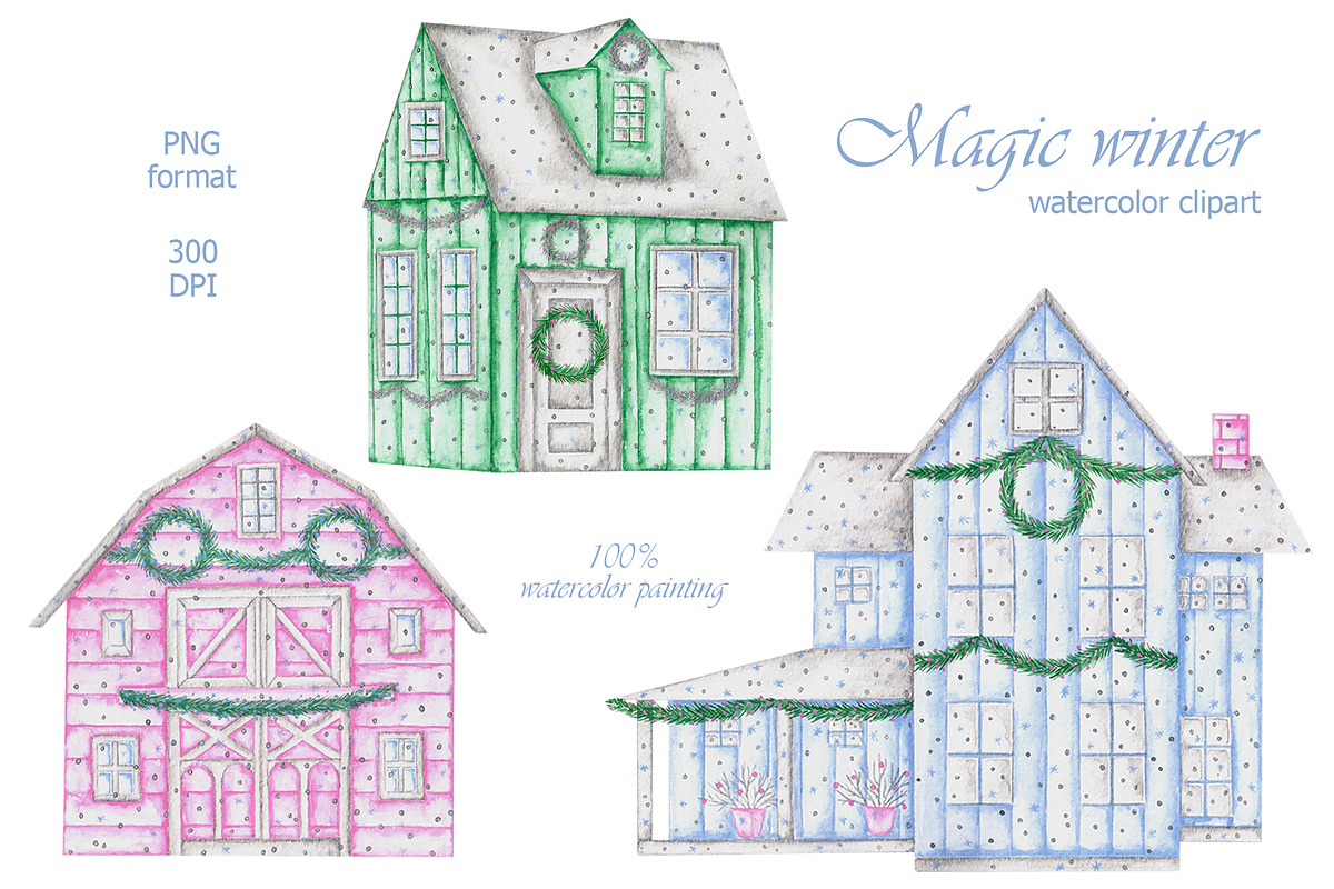 Magic winter watercolor clipart., a Seasonal Illustration by SabinaWatercolorArt (Photo 3 of 7)
