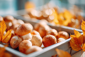 Fresh mushrooms with autumn leaves and pumpkins, a Food & Drink Photo by AlyaAnd